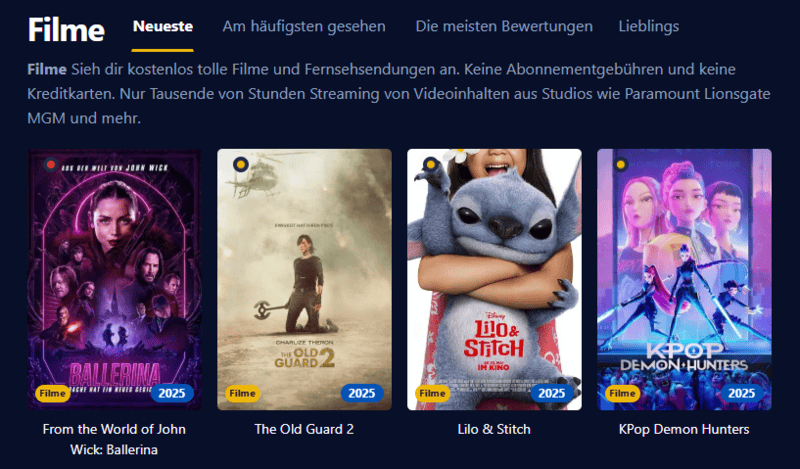 Screenshot der Benutzeroberfläche von Einschalten die eine moderne Streaming-Plattform mit Filmen und Serien anzeigt